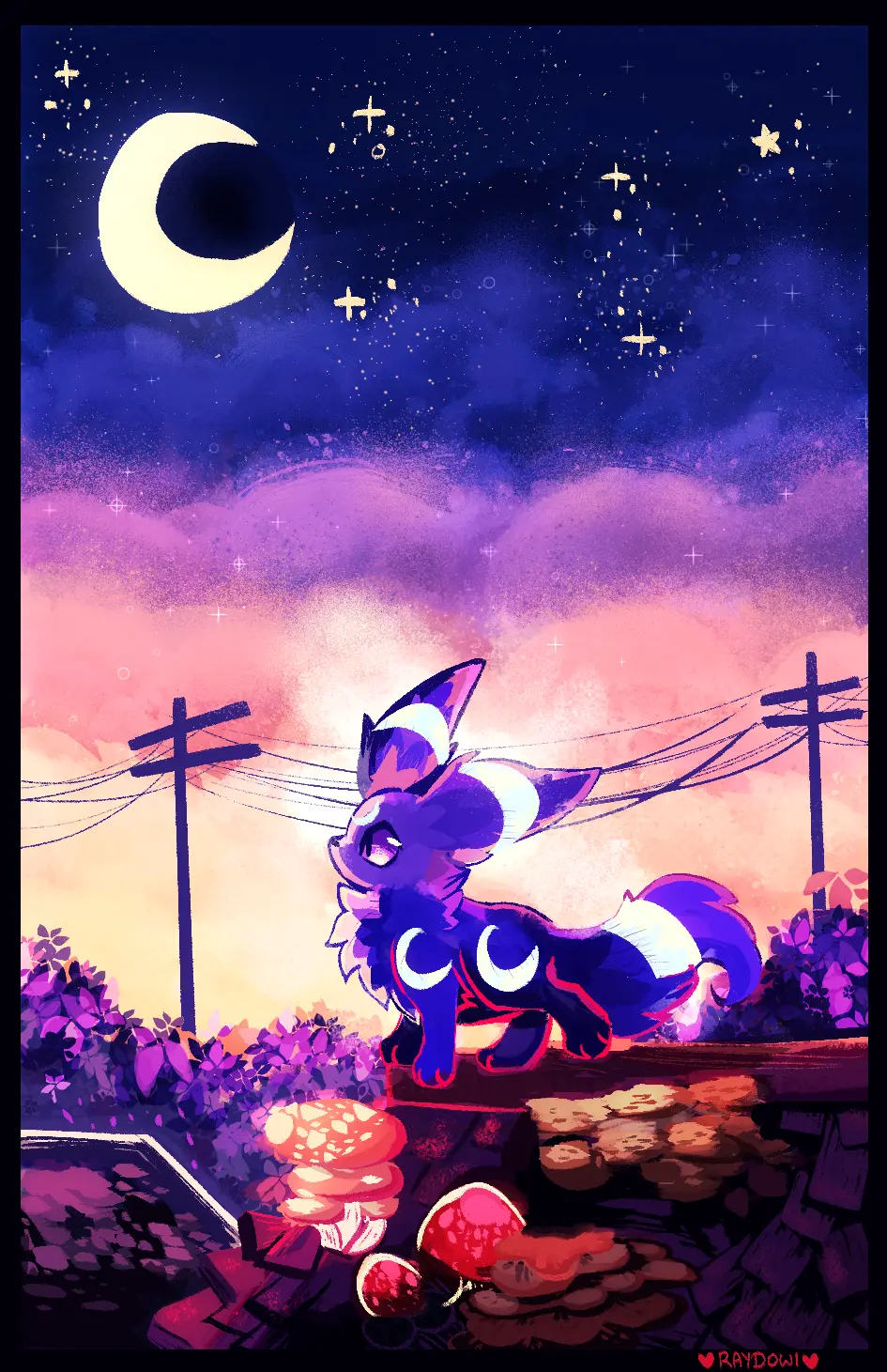 A stylized digital painting of a Pokemon (Umbreon) on a rooftop - Ray Parker