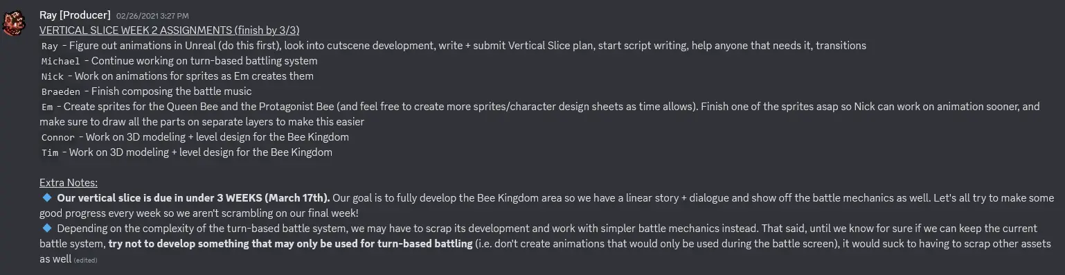 Vertical Slice Assignments & Deadlines - Ray Parker